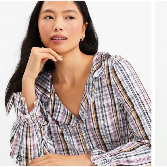 NWT LOFT Plaid Ruffle V-Neck Blouse - Picture 2 of 8